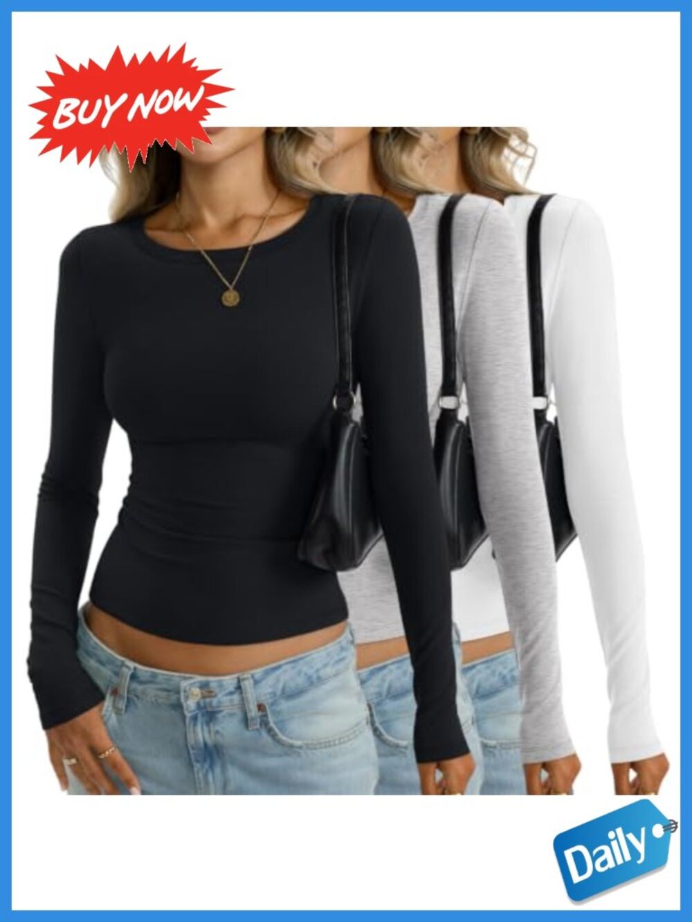 Womens Cotton Long Sleeve Fitted Crew Neck Top Basic Layering Shirt